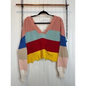 Fox + Hawk Color Block Cropped Distressed Stripe Sweater Multicolor Size S